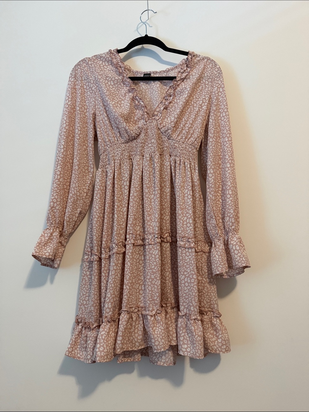 SHEIN Pink Long Sleeve Ruffle Tiered Mini Dress